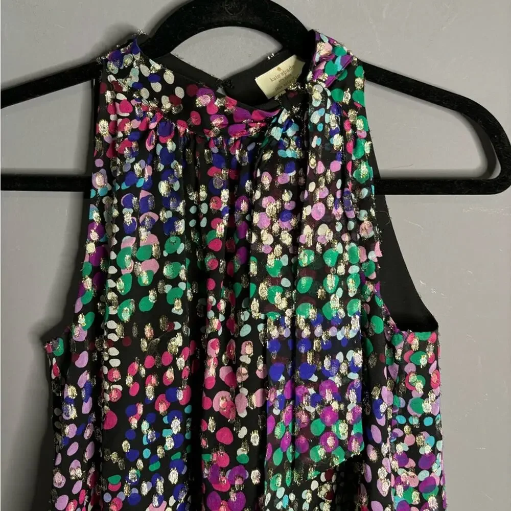 Kate Spade Purple Green Print Sleeveless Blouse Gold Metallic Detail XS